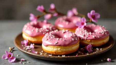 Four delicious pink frosted donuts with sprinkles are arranged on a plate, decorated with delicate spring flowersの素材