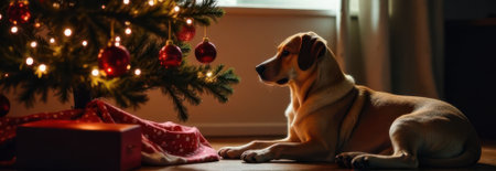Golden dog lying comfortably on the floor beside a beautifully decorated christmas tree adorned with red balls, creating a cozy home interior with ample copy space for text in a banner formatの素材