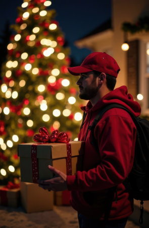 Delivery man dressed in a bright red uniform, carrying a festive Christmas gift, stands in front of a beautifully decorated house adorned with twinkling lights and a cheerful Christmas treeの素材