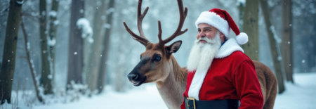 Santa claus with a long white beard, wearing a traditional red costume, walking with reindeer through a snowy forest during snowfall, embracing the winter wonderlandの素材