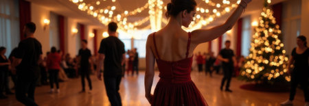 Woman in an elegant red dress is dancing in a ballroom with warm Christmas lights and a decorated Christmas tree, creating a festive atmosphere with ample copy spaceの素材