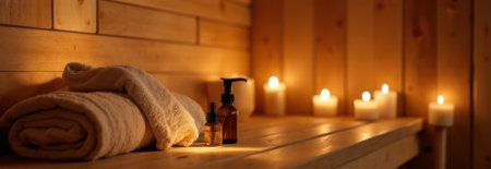 Soft towels, essential oils, and burning candles create a warm and inviting atmosphere in a wooden sauna, perfect for relaxation and wellnessの素材