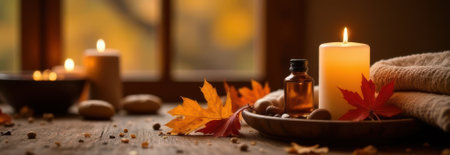 Creating a warm autumn wellness atmosphere with burning candles, essential oil, colorful maple leaves, and a soft blanket on a rustic wooden tableの素材