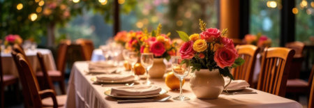 Festive table set with elegant tableware, glasses, napkins, and rose arrangements, creating a warm, inviting atmosphere in a restaurant with available copy spaceの素材