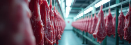 Rows of fresh meat hanging in a refrigerated processing plant, showcasing industrial food productionの素材