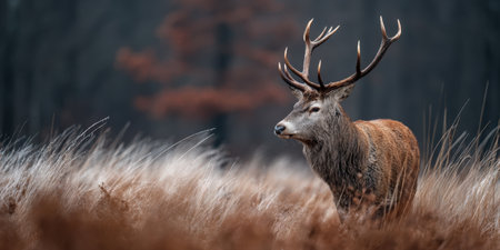 Red stag stands majestically among the frosty brown grass and autumn foliage, showing its powerful antlers and wild natural beauty within a natural habitatの素材