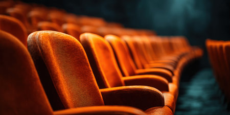 Orange velvet seats filling an empty movie theater, showing rows of plush chairs in a dark auditorium awaiting a performance or film screening, creating a sense of anticipationの素材