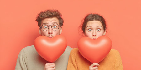 Young couple expressing love and surprise, holding red heart-shaped balloons, standing against a vibrant wall, sending symbolic kisses for romance and celebrationの素材