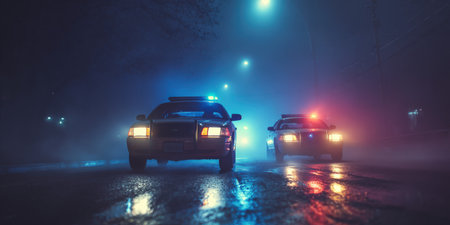 Two police patrol cars with flashing red and blue lights are driving on a wet, foggy street during an urban night, creating a dramatic atmosphere of law enforcement, security, and urgencyの素材