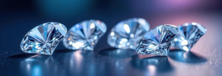 Five brilliant cut diamonds sparkle on a reflective surface, creating a luxurious banner image with ample copy spaceの素材