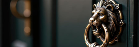 Close-up of a lion head door knocker on a green door, offering copy space for text or designの素材