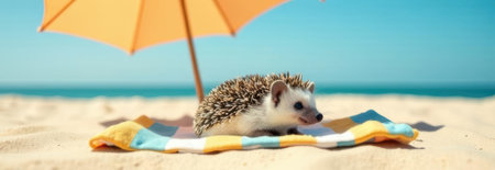 Small hedgehog resting on colorful beach towel under orange umbrella on sandy beach with ocean in background, perfect banner with copy spaceの素材