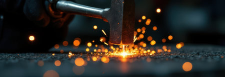 Hammer hitting metal surface, generating sparks and providing copy space for web bannerの素材