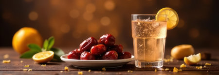 Refreshing Ramadan drink made with dates, orange, and lemon, creating a vibrant and festive bannerの素材
