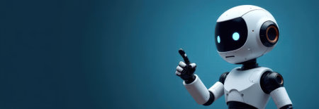 Cute white robot pointing finger to empty banner on blue background with copy spaceの素材