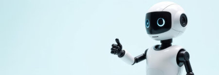 Friendly white robot showing thumbs up sign on light blue background with copy spaceの素材