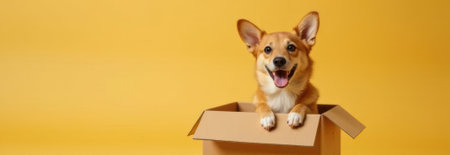 Happy ginger dog sitting in cardboard box on yellow background with copy space banner for textの素材