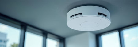 Modern smoke detector providing fire protection in a residential building, ensuring safety and peace of mindの素材