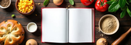 Open recipe book surrounded by fresh vegetables, herbs and spices on a rustic wooden table, creating a cozy cooking atmosphereの素材