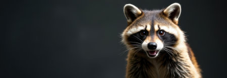 Studio shot of a curious raccoon looking forward on a dark background, with copy space for text or bannerの素材