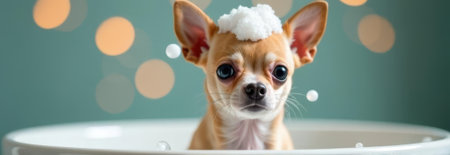 Adorable chihuahua puppy enjoying a relaxing bath with soap suds on its head, against a teal background with bokeh lights, providing ample copy spaceの素材