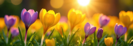 Beautiful yellow and purple crocuses blooming under the spring sunlight, creating a vibrant and colorful natural banner with copy spaceの素材