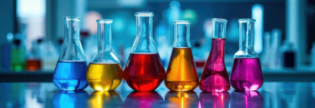 Laboratory flasks containing colorful chemical liquid on a reflective surface in a laboratory setting, offering ample copy space for text or design elementsの素材