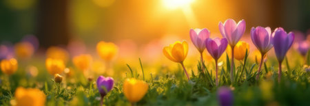 Colorful crocuses blooming in meadow illuminated by golden sunset light, creating idyllic spring scene with copy spaceの素材