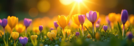 Yellow and purple crocuses blooming in a meadow at sunset, creating a beautiful spring banner with copy spaceの素材