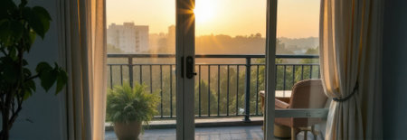 Golden sunrise illuminates a balcony through an open glass door, creating a serene and inviting atmosphere with plants and a chair on the balcony, perfect for enjoying the morning's tranquilityの素材