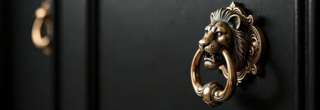 Close-up of an elegant golden lion head door knocker on a classic black door, offering ample copy space for design or textの素材