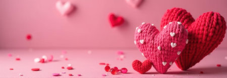 Valentine's day banner with knitted hearts and copy space, creating a romantic and festive atmosphereの素材