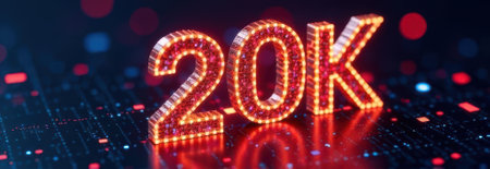 Shiny 20k symbol is celebrating reaching twenty thousand followers or subscribers, with copy space on digital backgroundの素材