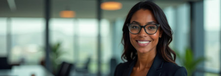Portrait of a smiling businesswoman posing in a modern office, with copy space available for text or bannerの素材