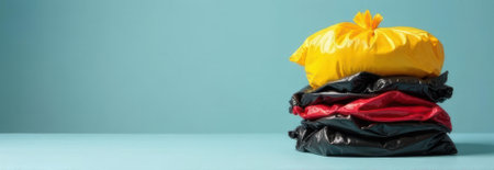 Colorful garbage bags stacked on blue background creating banner with copy spaceの素材