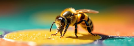 Close-up of honey bee exploring a vibrant, colorful surface, offering ample copy space for text or design elementsの素材