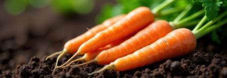 Freshly harvested carrots lie on rich soil, showcasing the beauty of nature's bounty and healthy promoting eating habitsの素材