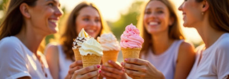 Four happy women holding ice cream cones on a summer day, banner with copy spaceの素材
