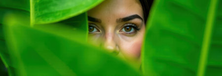 Close-up of woman with brown eyes peering through lush green tropical leaves, creating a natural frame with ample copy spaceの素材