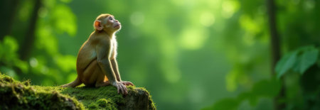 Small monkey sitting on mossy rock looking up in lush green forest with copy space, perfect for bannerの素材