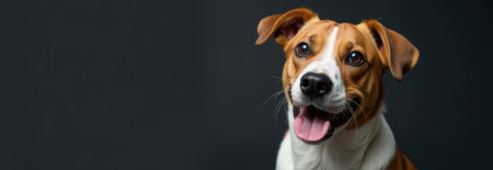Studio shot of adorable happy dog smiling on dark background with copy space for bannerの素材
