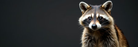 Studio shot of a raccoon looking towards the camera, with large copy space area on dark gray backgroundの素材