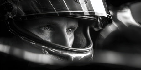 Race car driver showing intense focus and determination inside a reflective helmet, preparing mentally for speed and high-stakes competition in a black and white close-upの素材