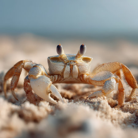 Ghost crab standing on warm sandy beach, showcasing its unique texture and large eyes, with a blurred ocean horizon in the background, representing marine wildlifeの素材