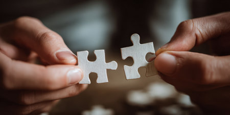 Hands bringing together two interlocking jigsaw puzzle pieces, representing connection, problem-solving, collaboration, partnership, and successful completion of a task or ideaの素材