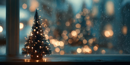Small illuminated christmas tree on a wooden windowsill, casting warm glow as golden bokeh and falling snow outside create a cozy, festive winter holiday sceneの素材