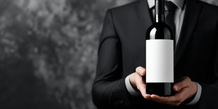 Man in a dark suit holding horizontally a full bottle of red wine with a customizable white label, offering it against a dark, textured background, ideal for brandingの素材