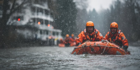 Emergency response team members in orange uniforms and helmets operating an inflatable boat, conducting a flood rescue operation in dangerous stormy weatherの素材