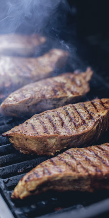 Steaks searing on a hot charcoal grill with pronounced grill marks and rising smoke, evoking a summer barbecue, smoky aroma and sizzling outdoor cooking sceneの素材