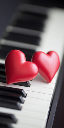 Two bright red hearts on black-and-white piano keys evoke romance, melody, and intimate connection - a tender symbol of love, celebration, and musical harmonyの素材